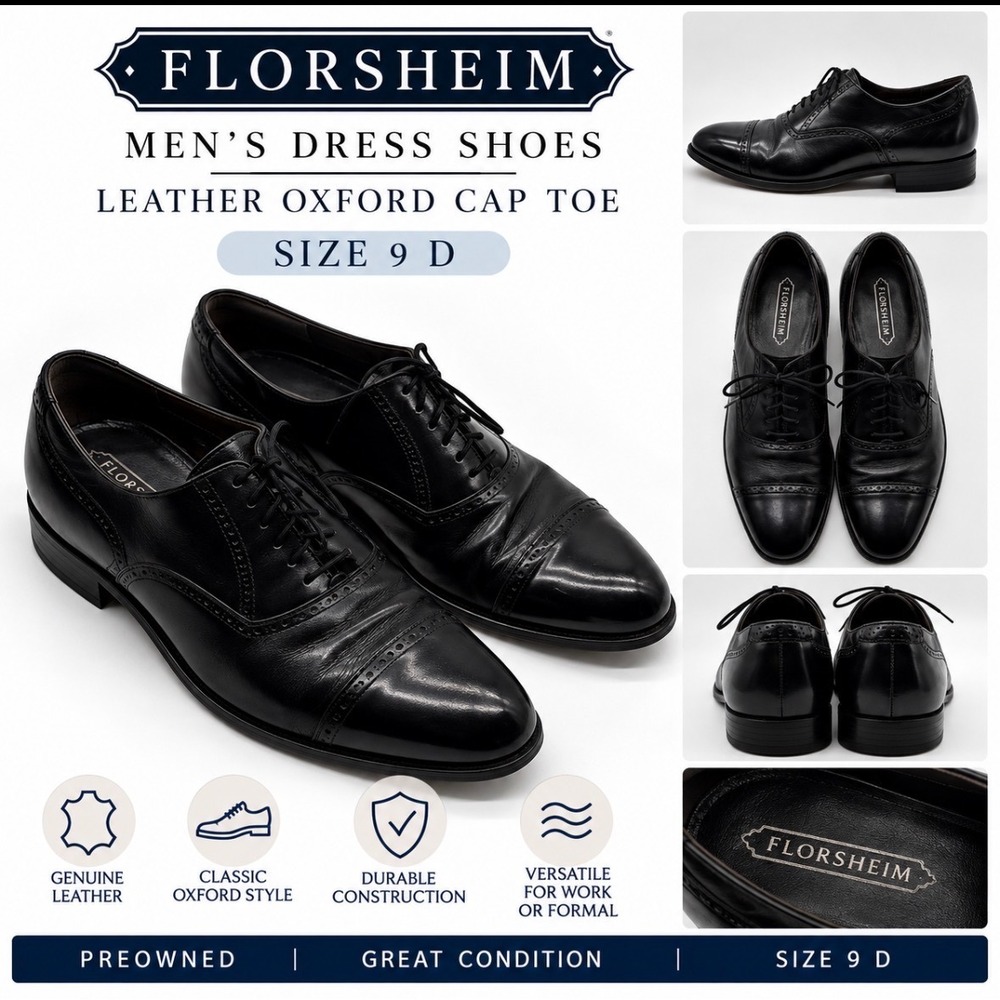 Florsheim Mens Black Leather Cap Toe Oxford Dress Shoes Size 9 D